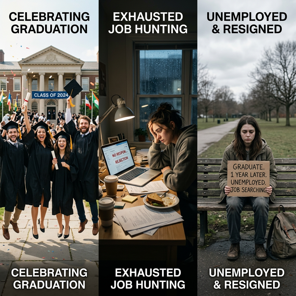 Three panels showing graduation celebration, stressed person job hunting, and unemployed person holding sign