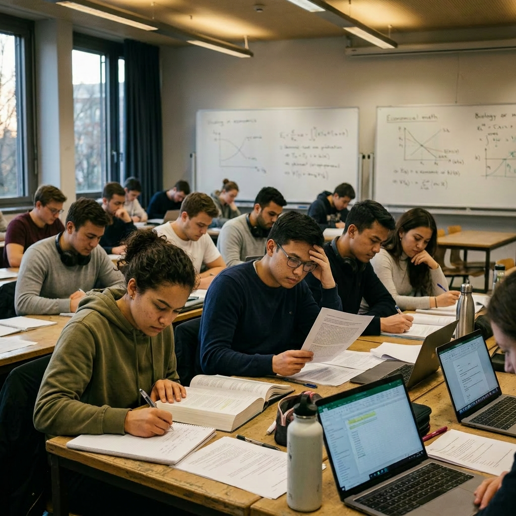 Group of university students studying and taking notes in classroom