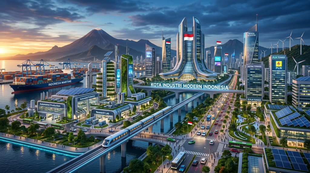 Modern Indonesian industrial city with skyscrapers, high-speed train, shipping port, and solar panels.