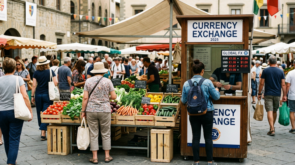 Outdoor market with people shopping for vegetables and a currency exchange kiosk