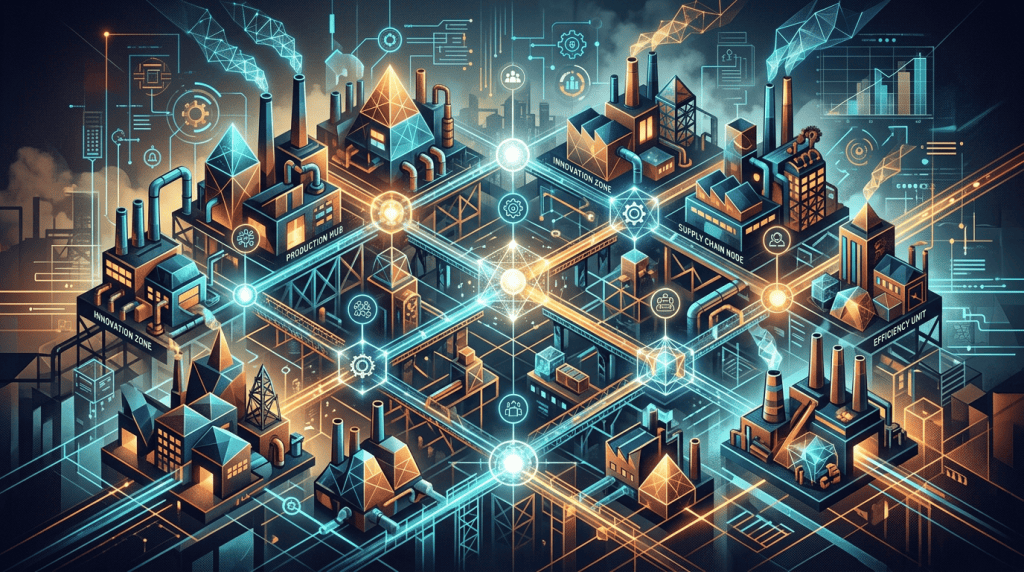 Digital smart factory network connecting production, innovation, supply chain, and efficiency zones