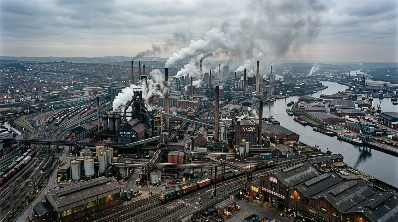 Historical industrial steelworks complex with pollution Large steelworks plant with many smokestacks emitting smoke into a cloudy sky