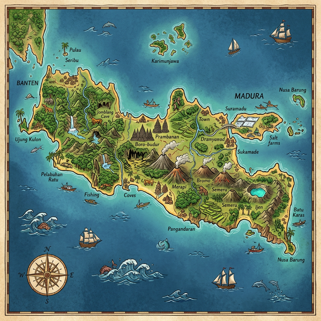 Illustrated map of Java showing landmarks, volcanoes, and surrounding islands